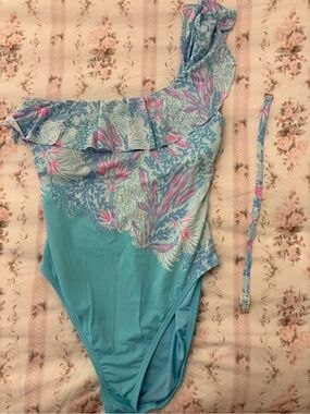 Lilly Pulitzer Light Blue One-Shoulder Floral Ruffle Swimsuit